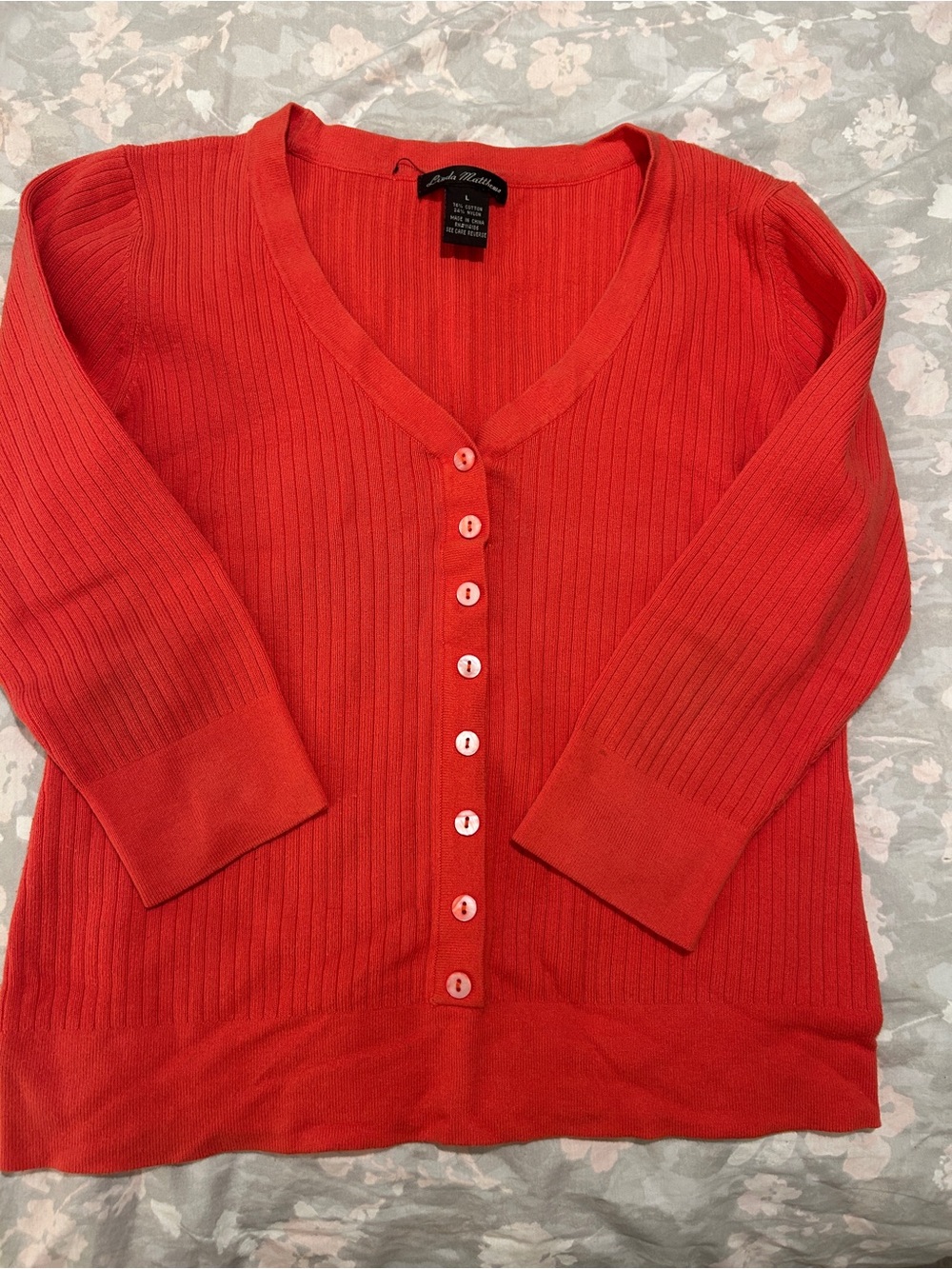 Red Coral Button-Front Ribbed Cardigan Sweater by Linda Matthews